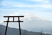 Mount Fuji Distant Worship Site (Tenku no Torii) in Japan. This torii (torii in the sky) is placed on the edge of the mountain, with a clear view of Kawaguchiko, Kawaguchikomachi and Mount Fuji.
