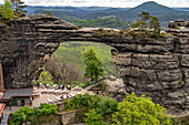 The Pravcicka Gate rock arch in the Bohemian Switzerland National Park near Hřensko, Czech Republic 