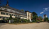 Haus Rose am Platz von Montrichard, Kurfürstliche Burg im Hintergrund, Eltville, Rheingau, Hessen, Deutschland