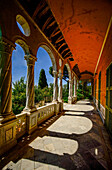  Terrace of Villa Hanbury, view through the arcades to the garden and the sea, Hanbury Botanical Garden, Ventimiglia, Liguria, Italy 