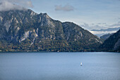  View from Hollberg to Lake Attersee with a sailboat sailing on it, Salzkammergut, Austria, Alps, Europe 