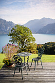  Seating area with a great view, view from Hollberg to Lake Attersee, Salzkammergut, Austria, Alps, Europe 