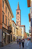 Old town street leading to Santa Maria del Carmine church, Pavia, Lombardy, Italy