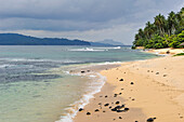 Beach of Pestana Equador hotel on the small Rolas (turtledove) island in the south of Sao Tome Island, Republic of Sao Tome and Principe,Africa