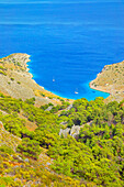  Marathounta Strand, erhöhte Ansicht, Panormitis, Insel Symi, Dodekanes, Griechenland 