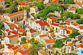  Chorio (Oberstadt), erhöhte Ansicht, Chorio, Insel Symi, Dodekanes, Griechenland 