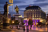 North Macedonia, Skopje, Macedonia Square, Warrior on a horse, Dimitar Pop-Georgiev Berovski, statues, Marriott Hotel, 