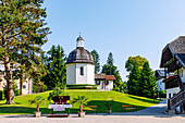  Silent Night Chapel and Oberndorf Water Tower at Silent Night Square with Corpus Christi Altar in Oberndorf near Salzburg in the Salzburg Lake District, Austria 