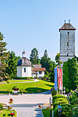  Silent Night Chapel and Oberndorf Water Tower at Silent Night Square with Corpus Christi Altar in Oberndorf near Salzburg in the Salzburg Lake District, Austria 