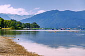  View of Lake Tegernsee from the Mangfallsteg bridge in Gmund am Tegernsee, Upper Bavaria, Bavaria, Germany 
