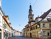  Main street with historic Huguenot houses and view of the Old Town Church at Martin-Luther-Platz in Erlangen, Middle Franconia, Franconia, Bavaria, Germany 