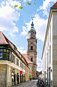 Apothekergasse mit Blick auf Neustädter Kirche in Erlangen, Mittelfranken, Franken, Bayern, Deutschland