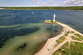  Falkensteiner Beach and the Friedrichsort lighthouse on the Kiel Fjord seen from above, Kiel, Schleswig-Holstein, Germany 