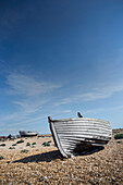 Old boat, Dungeness, headland with shingle beach in the Romney Marsh area, Kent, England, Great Britain