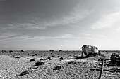 Old boat, Dungeness, headland with shingle beach in the Romney Marsh area, Kent, England, Great Britain