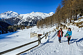 Zwei Frauen wandern auf Winterwanderweg durchs Val da Camp, Berninagruppe im Hintergrund, Val da Camp, Livignoalpen, Graubünden, Schweiz