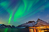  Northern Lights over Mefjordvaer and Mefjord, Senja, Troms, Norway 