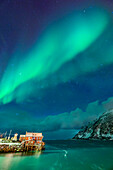 Polarlicht über Fischerhütte am Strand, Bovaer, Senja, Troms, Norwegen