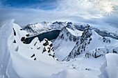  View over the summit ridge of Husfjell to the fjord landscape, Husfjell, Senja, Troms, Norway 