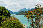  Lake with jungle and rainforest and steep mountains, Cheow Lan Lake, Khao Sok National Park, Phang Nga, Surat Thani, Thailand 