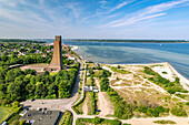  Laboe with the Naval Memorial, beach, and dune landscape on the Kiel Fjord seen from above, Laboe, Schleswig-Holstein, Germany 