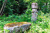  Red Martyrdom wayside shrine with bench from the 16th century in the Markwald forest at the crossroads of the Röttenbach-Baiersdorf road near Erlangen, Middle Franconia, Franconia, Bavaria, Germany 
