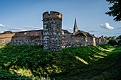  Medieval town of Zons in the evening light, moat and city wall, Krötschenturm (Krötschen Tower), St. Martinus Church and windmill, Zons, Dormagen, Lower Rhine, North Rhine-Westphalia, Germany 