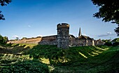  Medieval town of Zons in the evening light, moat, city wall with Rhine Tower and Krötschen Tower, St. Martinus Church and windmill, Zons, Dormagen, North Rhine-Westphalia, Germany 