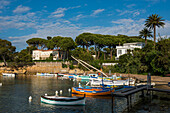  Beach and colorful boats, Plage de I&#39;Olivette, Cap d&#39;Antibes, Antibes, Provence Alpes Côte d&#39;Azur, South of France, France 