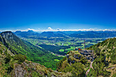  Panorama of two people hiking at Hundsalmjoch, Inn Valley with Innschleife in the background, Hundsalmjoch, Rofan, Tyrol, Austria 