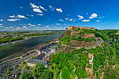 View of Ehrenbreitenstein Fortress with the Rhine and Koblenz, Rheinsteig Trail, Rhenish Slate Mountains, UNESCO World Heritage Upper Middle Rhine Valley, Rhineland-Palatinate, Germany 