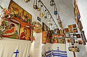  Images of saints in a Greek chapel, Katounes, Skyros, Aegean Sea, Sporades, Central Greece, Greece 