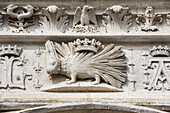 Carved porcupine, Louis XII King of France's emblem, above the entrance of the Royal Chateau de Blois, Loir-et-Cher department, Centre-Val de Loire region, France, Europe