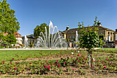  Fountain in the Rose Garden and the Regentenbau in the Bad Kissingen State Spa, Lower Franconia, Bavaria, Germany 