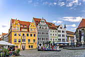  Town houses and the Meissen logo on the market square in Meissen, Saxony, Germany 
