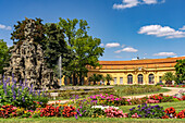  The Huguenot Fountain in the castle garden and the Orangery in Erlangen, Middle Franconia, Bavaria, Germany  