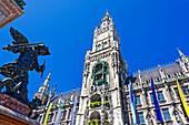  Figures of the Marian Column with the town hall tower, New Town Hall, Munich, Bavaria, Germany 