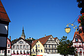  Bad Urach, old town, with view of Hohenurach Castle ruins, Baden-Württemberg, Germany 