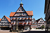  Bad Urach, town hall with market fountain, historic half-timbered buildings, Baden-Württemberg, Germany 