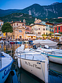  The port of Malcesine at blue hour, Malcesine, Lake Garda, Verona, Veneto, Northern Italy, Italy, Alps, Dolomites, Southern Europe, Europe 