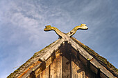  Typical traditional gable with the symbol of two crossed snakes in the open-air museum near the Spreewald village of Lehde, Lübbenau / Spreewald, Brandenburg, Germany 