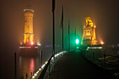  Autumn, Bavaria, Swabia, Lake Constance, Lindau, night, fog, harbor, harbor entrance 