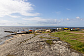  Sweden, Halland Province, Halmstad, boats lying on rocky outcrop 