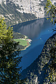  View of Lake Königssee and Sankt Bartholomä from Halsköpfl, Berchtesgaden National Park, Berchtesgaden Alps, Berchtesgaden, Bavaria 