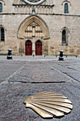 Bronze St. James's shell on ground in front of the west facade of the Cathedral Saint-Etienne, Cahors, Lot department, region of Midi-Pyrenees, Occitanie, southwest of France, Europe