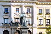  Neoclassical town hall and statue of Saint Albertus Magnus on the market square in Lauingen (Donau), Bavarian Swabia, Swabia, Bavaria, Germany 