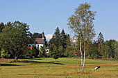  Riedwiese meadow at Lake Zell and St. Anna cemetery chapel, Kißlegg, Allgäu, Baden-Württemberg, Germany 