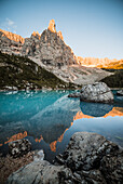  Lake Sprapis at sunrise, Dolomites, Italy 