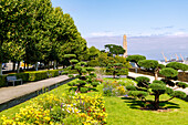  Jardin Louis Hemon with Monument Americaines (American Monument) on the Cours Dajot panoramic path above the harbor in Brest, Finistere, Brittany, France 