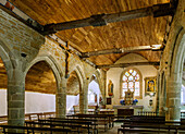  Interior of the Chapel of Trémalo with the statue of the crucified Christ in the painting &quot;Yellow Christ&quot; by Paul Gauguin, Pont-Aven, Cornouaille, Finistere, Brittany, France 